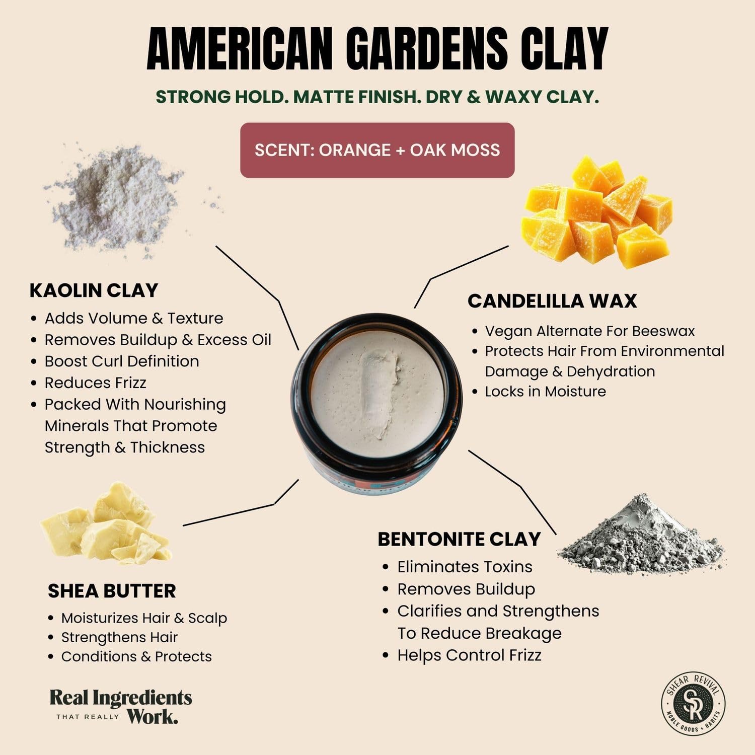 Shear Revival American Gardens - Argilla per capelli a fissazione forte, per uomo, finitura opaca, vegana, a base vegetale, fatto a mano con aloe e burro di karité