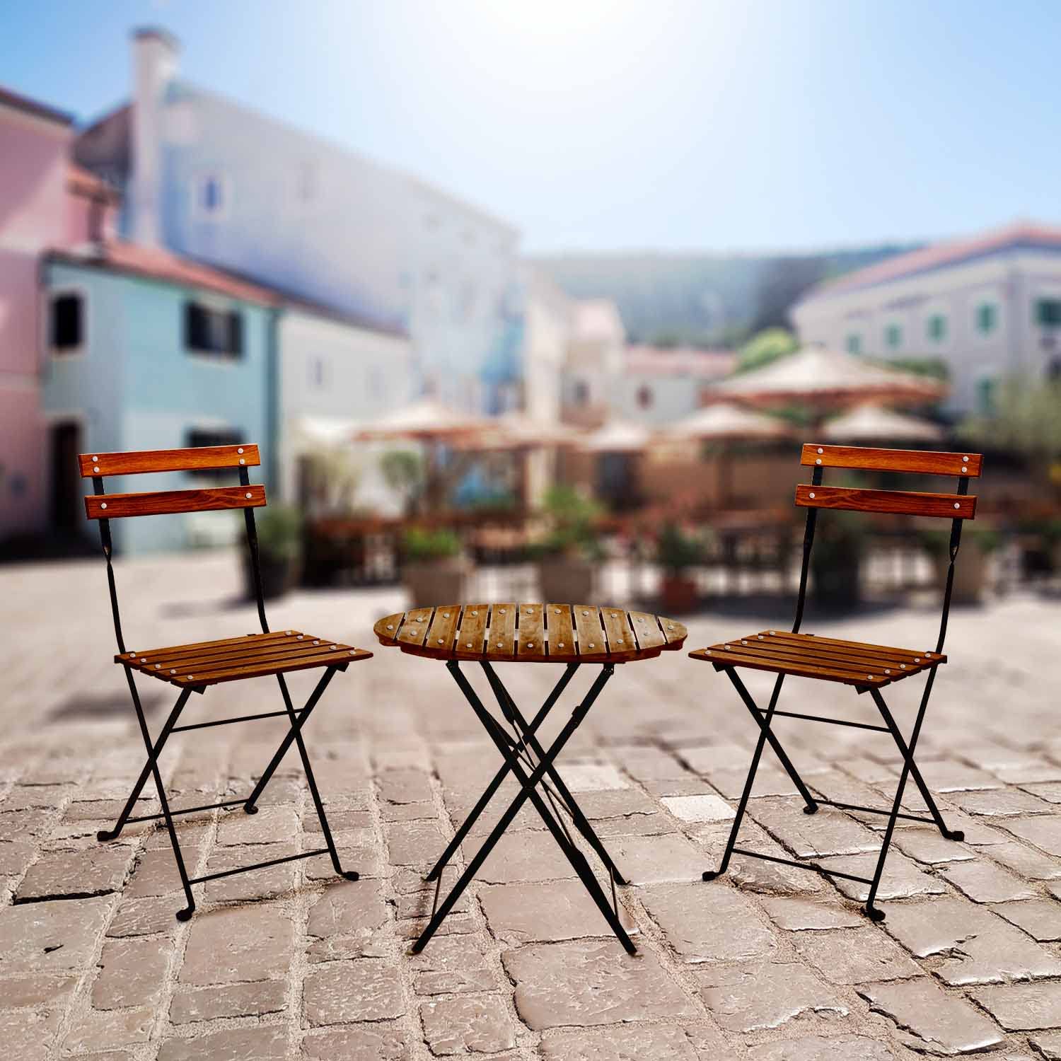 FRANKYSTAR Avolio Bistrò - Set da giardino con tavolino e 2 sedie pieghevoli in acciaio e legno con finitura effetto teak. Bistrot set da esterno in stile retrò