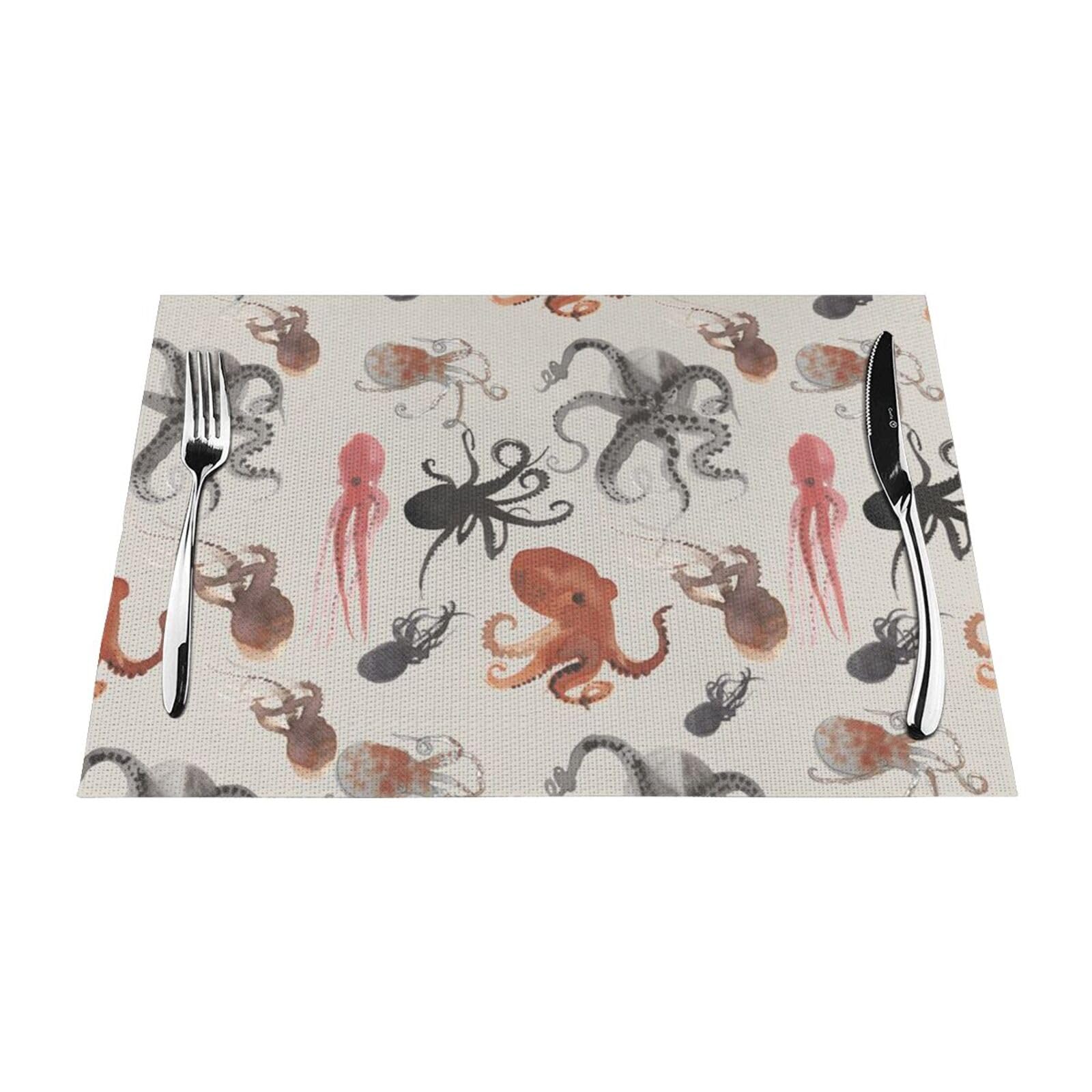 PVC Placemat Set of 6 PCS, 45x30 CM, Color octopus Printed Non-Slip Heat Resistant Place Mats for Kitchen Dining Table Indoor Outdoor