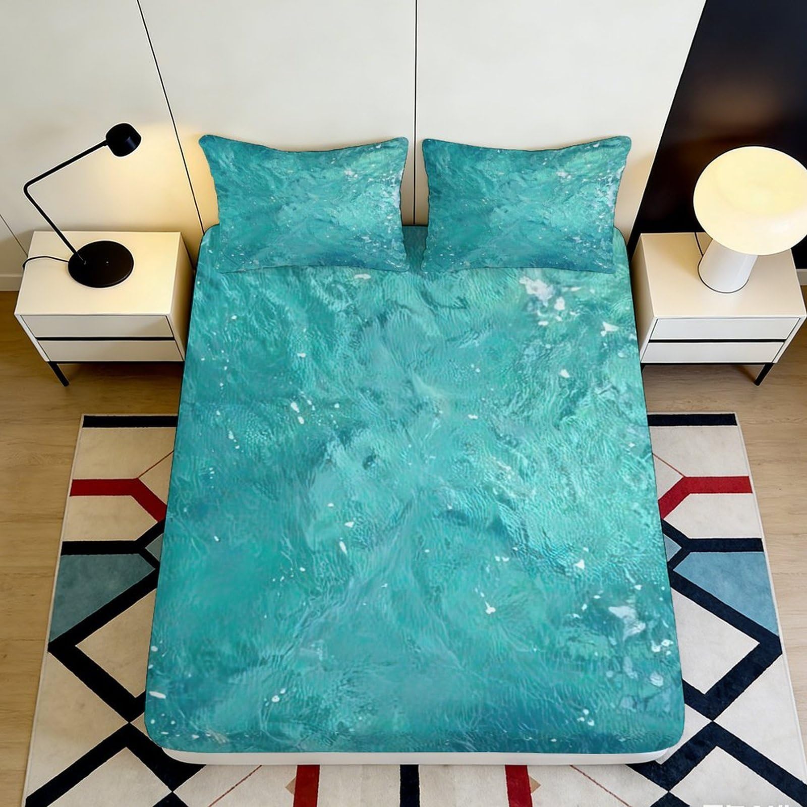 3D Printed Turquoise Marble Fitted Sheet Microfiber Soft Breathable Ocean Wave Bed Cover for Bedroom Dorm Decor 90x200x25cm