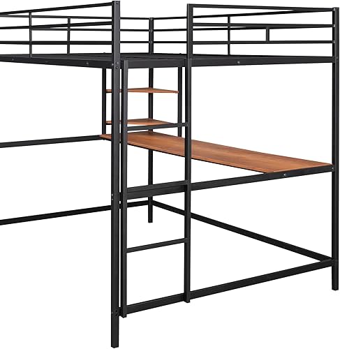 Miniatura 9 de Harper & Bright Designs Cama tipo loft de metal de tamaño matrimonial con escritorio y estantes, marco de cama de metal con escritorio debajo para