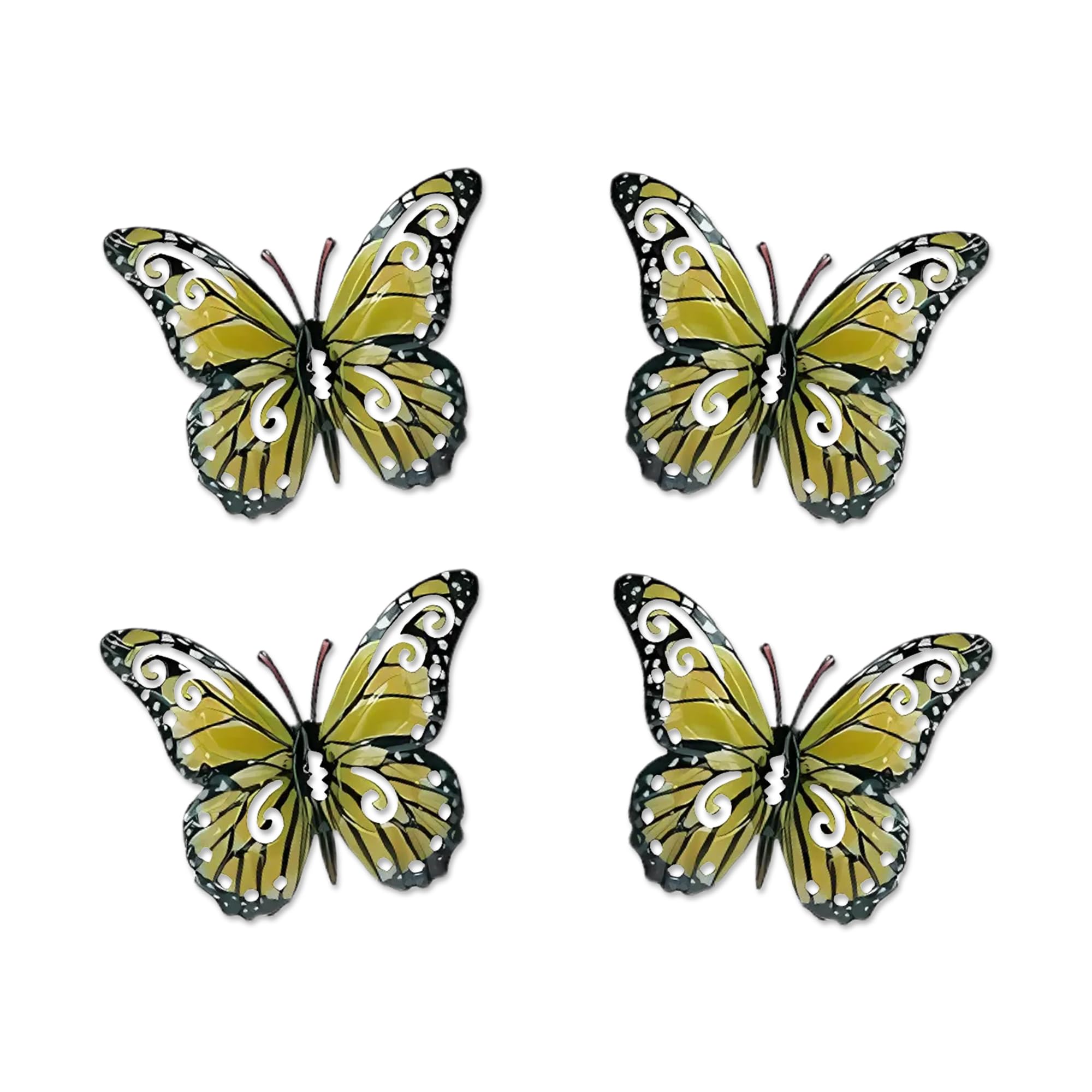 Lotus Set of 4 Metal Butterfly Wall Art Decorations, Red/Yellow/Green/Blue Garden Fence Ornaments for Outdoor Walls, Sheds & Indoor Home Decor (Yellow)