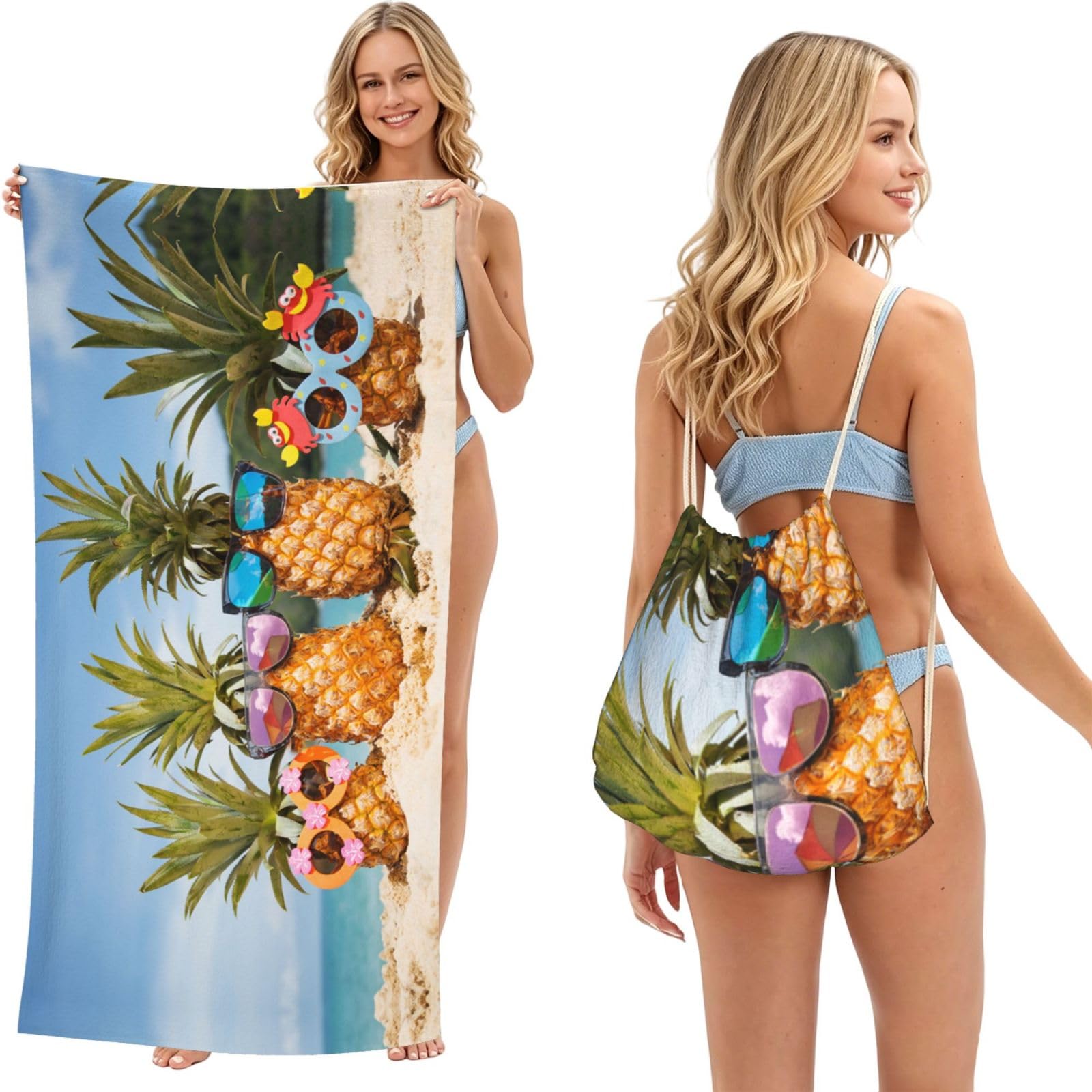 SATUSA Pineapple Fruit Sunglasses Sand Beach Print 2-In-1 Foldable Beach Towel Backpack â€“ Camping, Yoga And Travel,Bath Towel With Built-In Storage, Convertible Beach Mat & Carry Bag