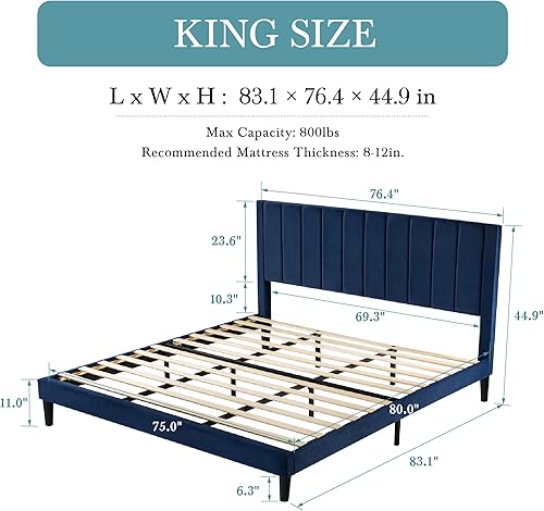 Miniatura 72 de HOOMIC Base de cama de plataforma de tamaño matrimonial con cabecera de canal vertical tapizada de terciopelo de felpa, no necesita somier, fácil
