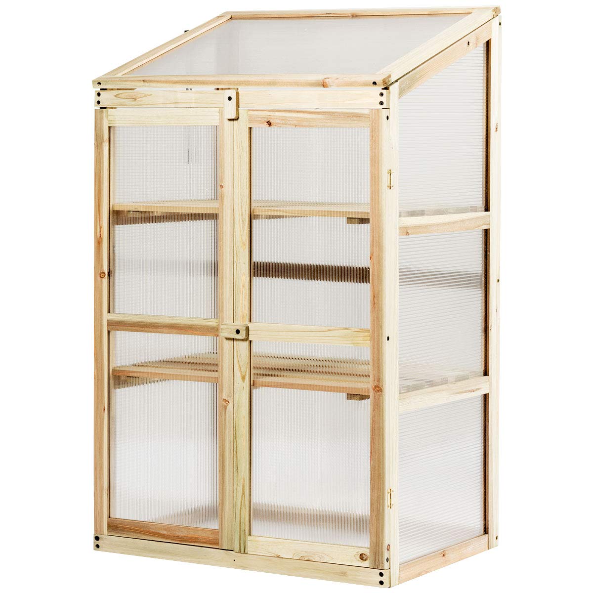 COSTWAY Mini Serre en Bois 60x45x100CM Vitrages Transparents en Polycarbonate Plateau Supérieur Amovible avec Etagères à 3 Niveaux pour Jardin/Balcon/Porche