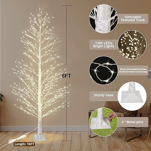 Miniatura 5 de 6 pies Árbol de abedul encantador con 1300 luces LED, árbol de Navidad blanco centelleante con temporizador IP44 impermeable para decoraciones de