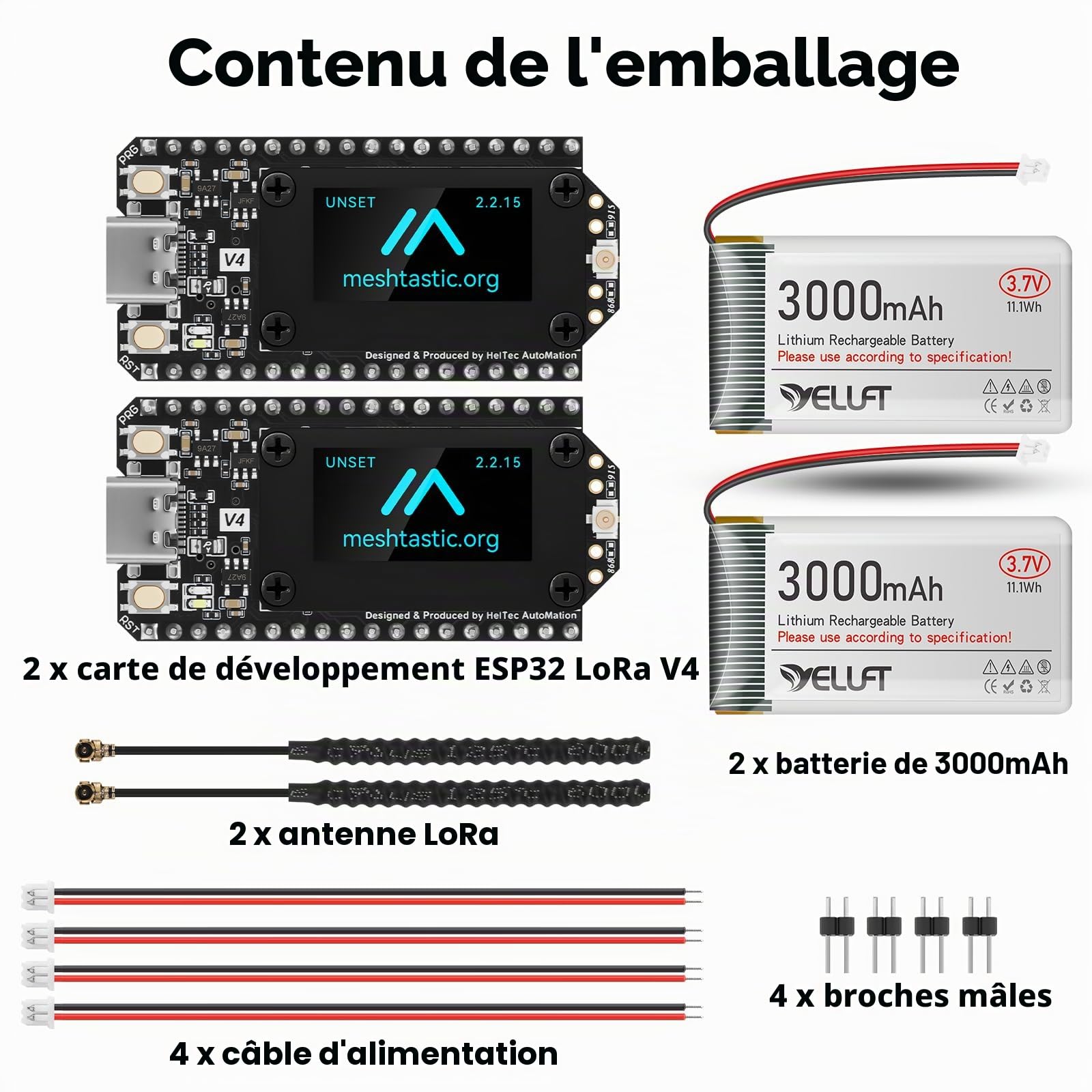 Lot de 2 cartes de développement ESP32 LoRa V4 pré-soudées avec batterie de 3000 mAh, Wi-Fi intégré Bluetooth SX1262 868 MHz LoRa, écran OLED de 0,96", interface USB-C pour Meshtastic