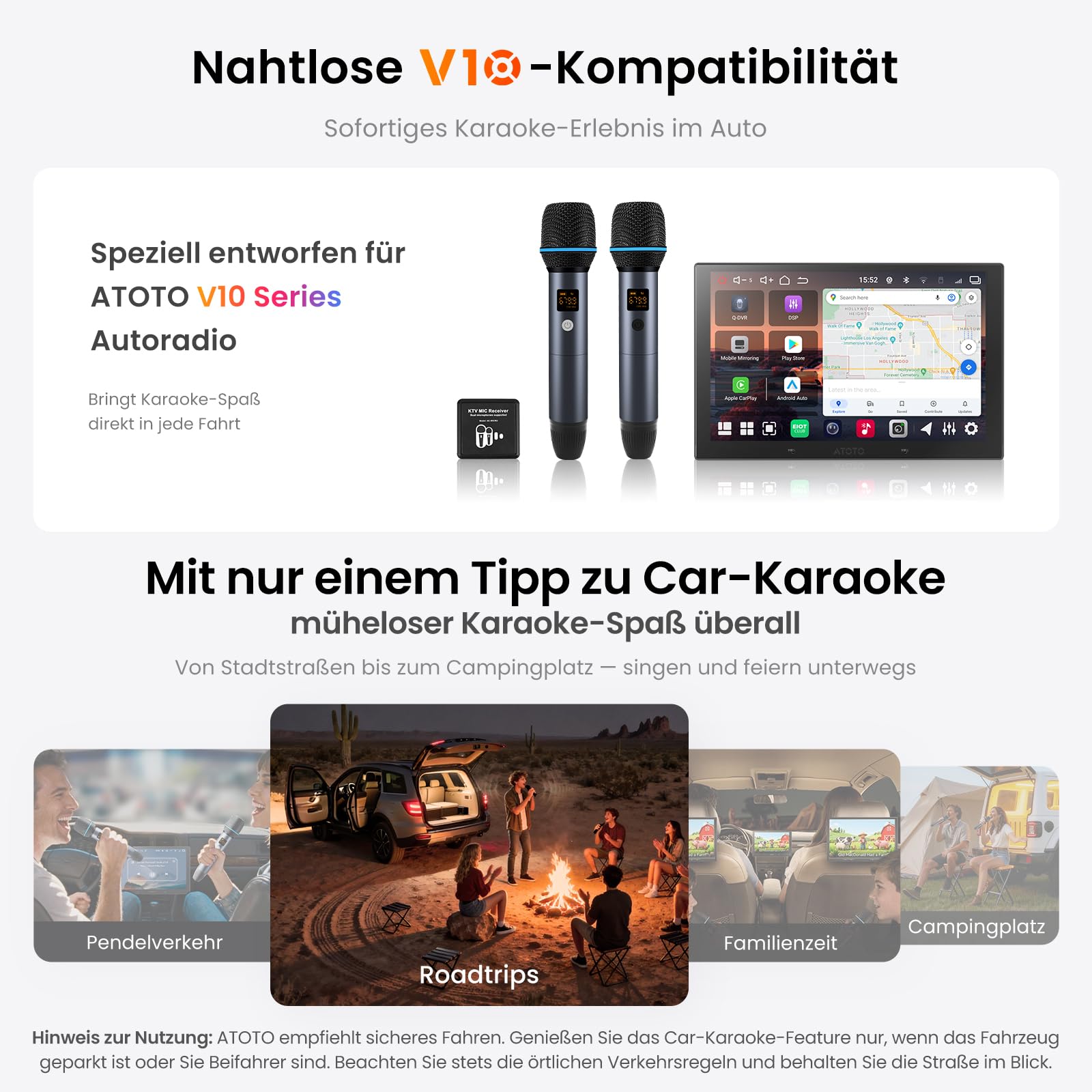 Drahtloses Mikrofon-Set, Zwei wiederaufladbare Handmikrofone mit Empfänger, 15m Reichweite, 6h Betrieb, Kompatibel mit V10-Serie Autoradios für Karaoke-Partys