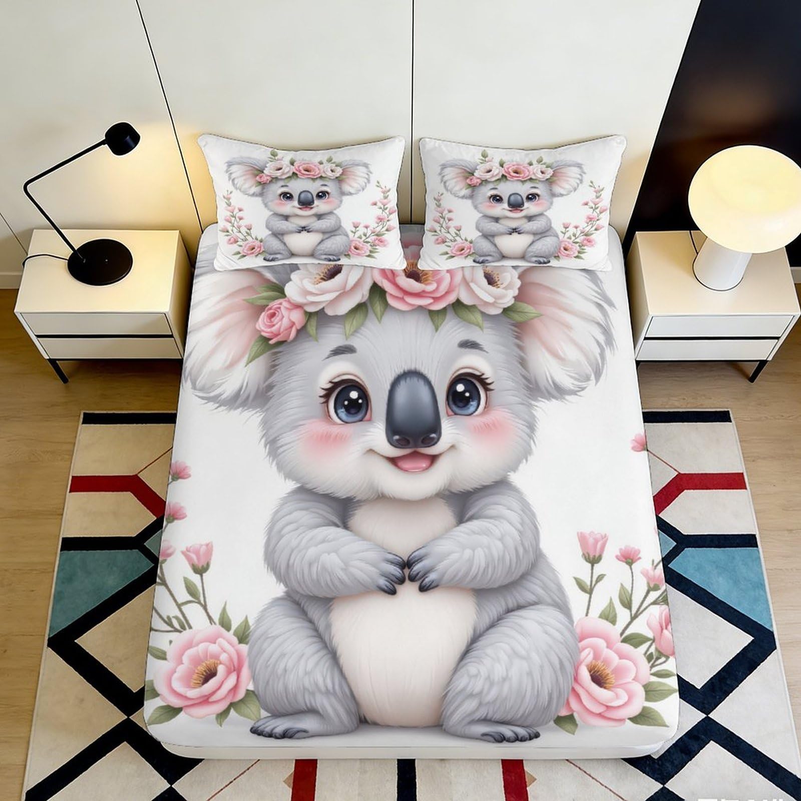3D Printed Cute Koala Fitted Sheet Microfiber Soft Durable Floral Bed Sheet for Bedroom Dormitory Guest Room Mattress Protection Decor 120x200x25cm