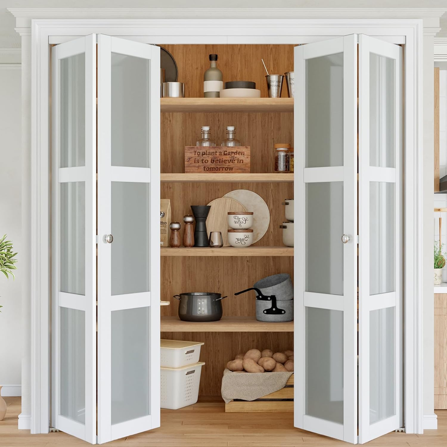 Bifold Doors for 72" x 80" Opening, 3-Lite Frosetd Glass Bifold Closet Door with Hradware Kit & Handles, Interior Foliding Barn Panels for Closet/Pantry/Laundry PVC Surface Pre-Assembled, White