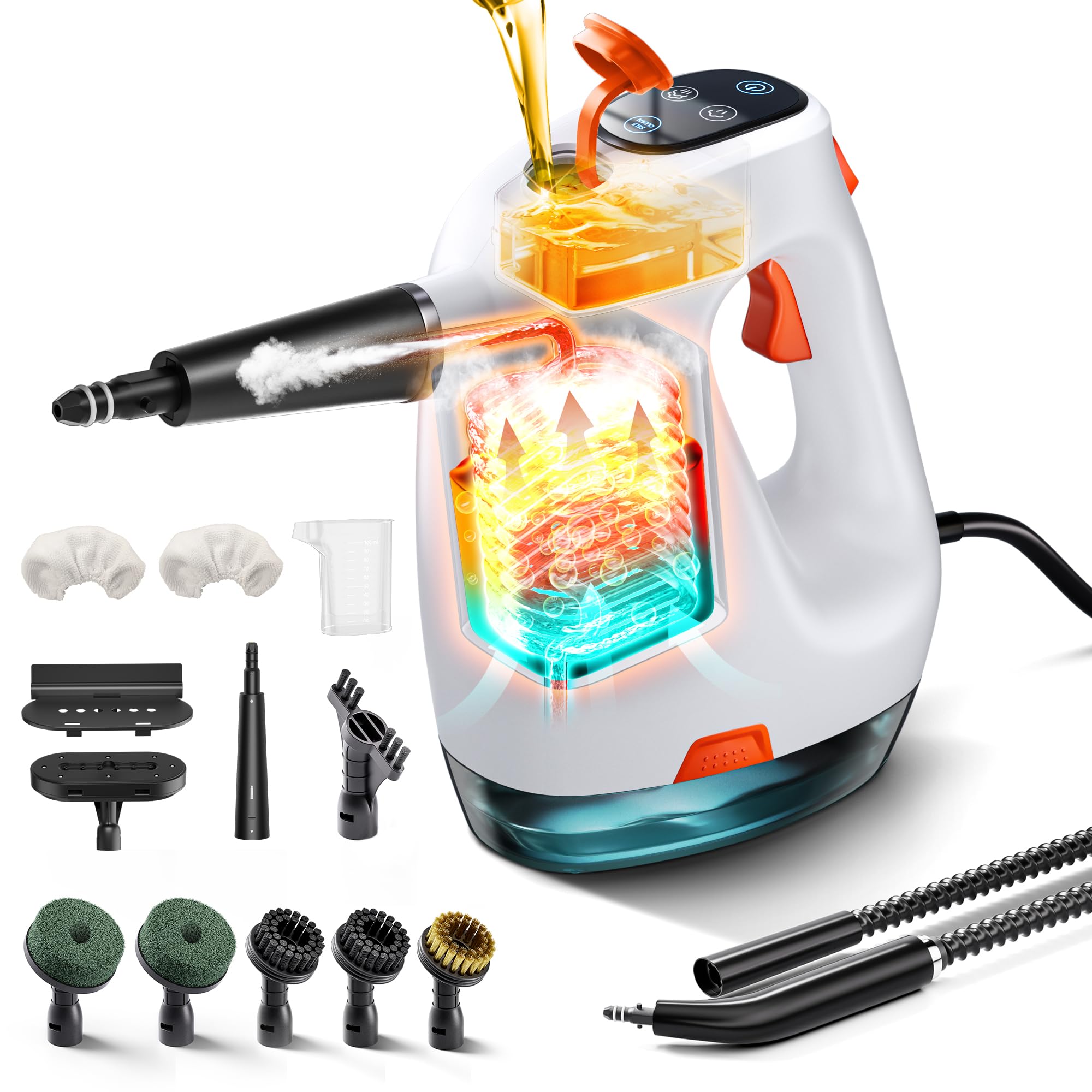 Handdampfreiniger 1200W, 500ml abnehmbarer Wassertank mit Reinigungsmittelspender, entfernt Fett und Schmutz, Dampfreiniger Handgerät für Küche, Bad, Fugen, Fenster & Haushalt