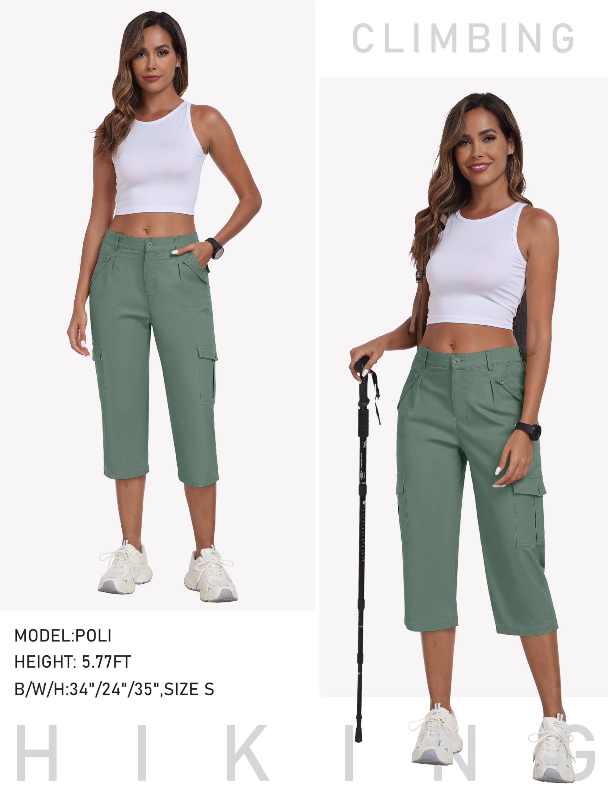 MoFiz Pantalon capri cargo pour femme avec 6 poches en coton léger pour randonnée, voyage, été, capri pour femme