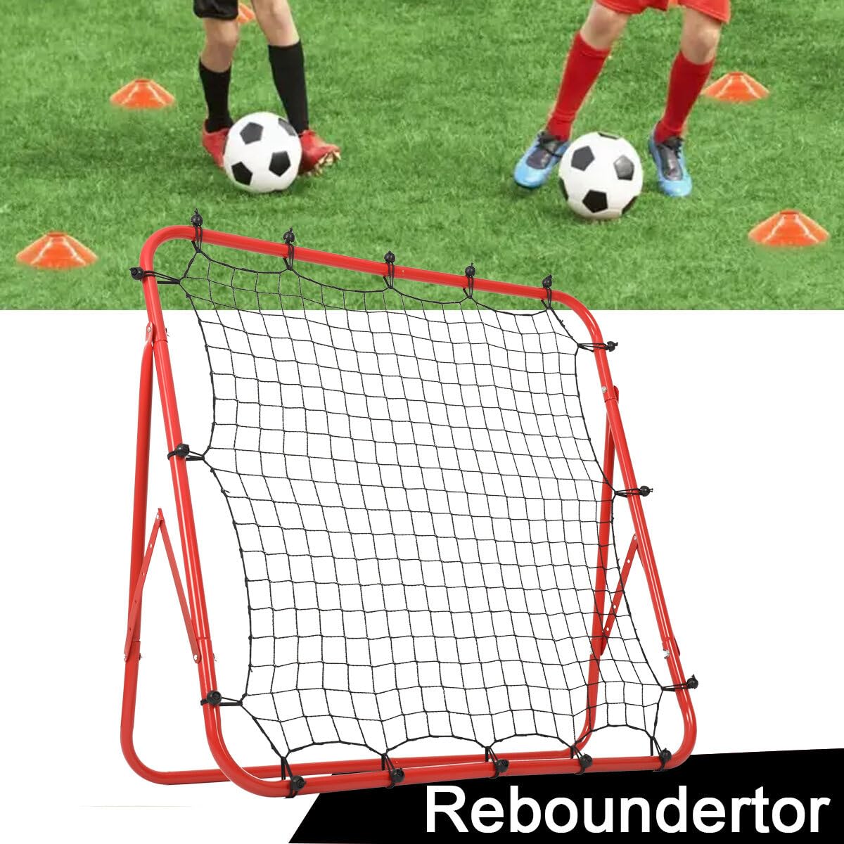 Fußball-Übungshüpfnetz Fußball Rebound Netz Rebounder Kinder und Jugendliche Solo Rebound Kick Trainer für Fußball Training 100x100cm,Rot