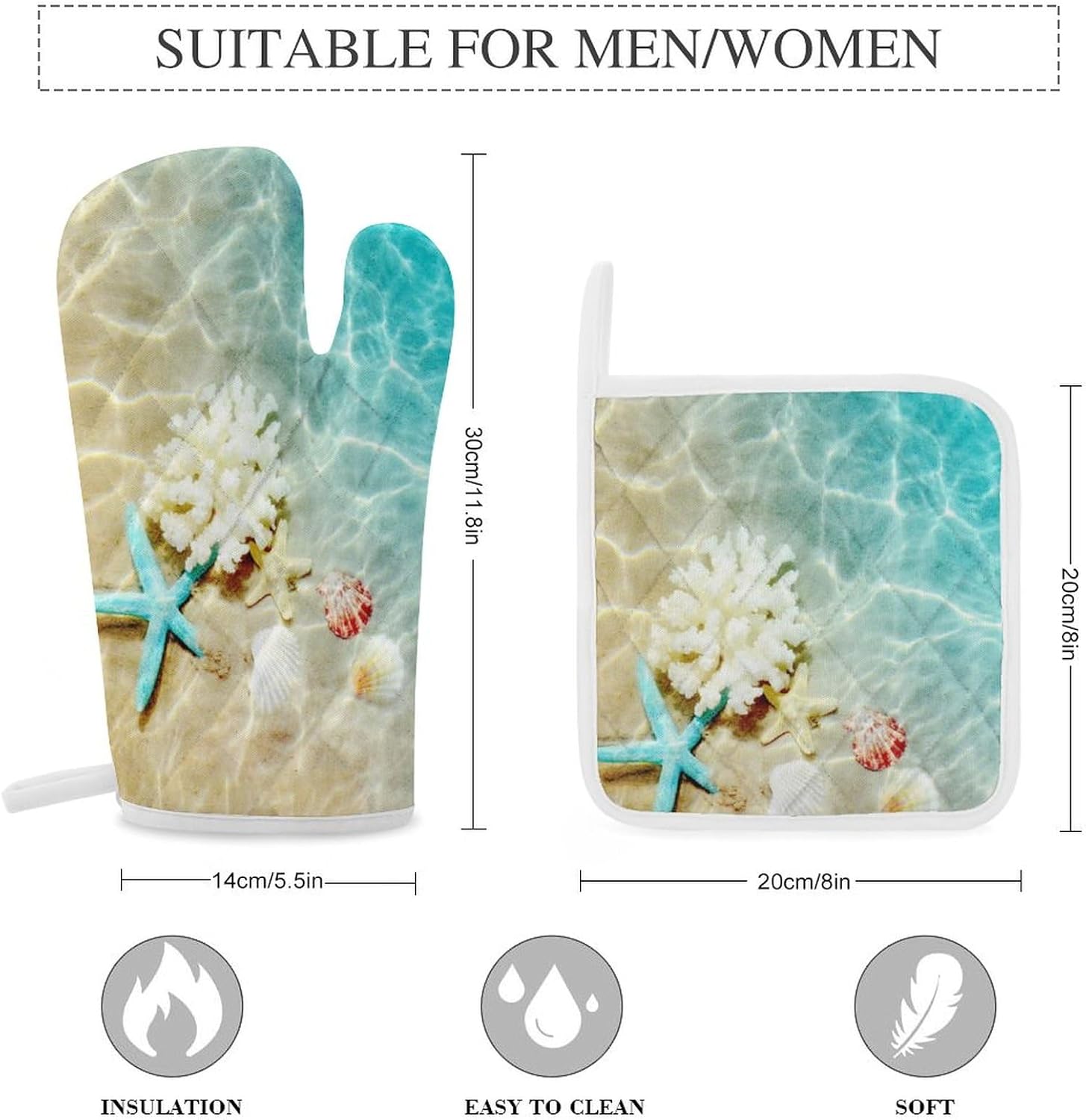 Starfish Coral and Seashell on Beach Print Oven Mitts and Pot Holders 3 Piece Sets Heat Resistant Gloves Hot Pads Potholders for Kitchen Baking Cooking