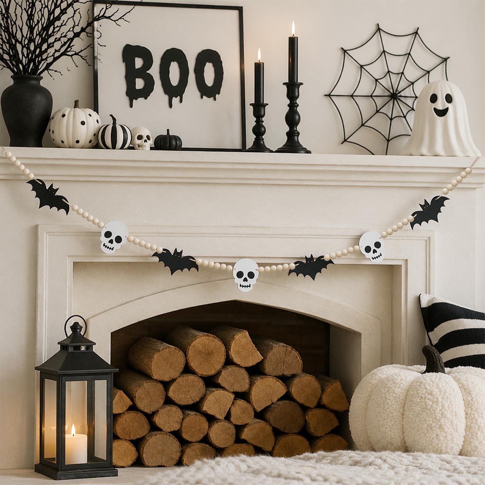 6.7 FT Halloween Decorations Garland with Bat and Skull Wooden Bead Decor | Halloween Mantel Decor Banner for Fireplace, Wall, Shelf, Farmhouse Indoor Halloween Party Decor