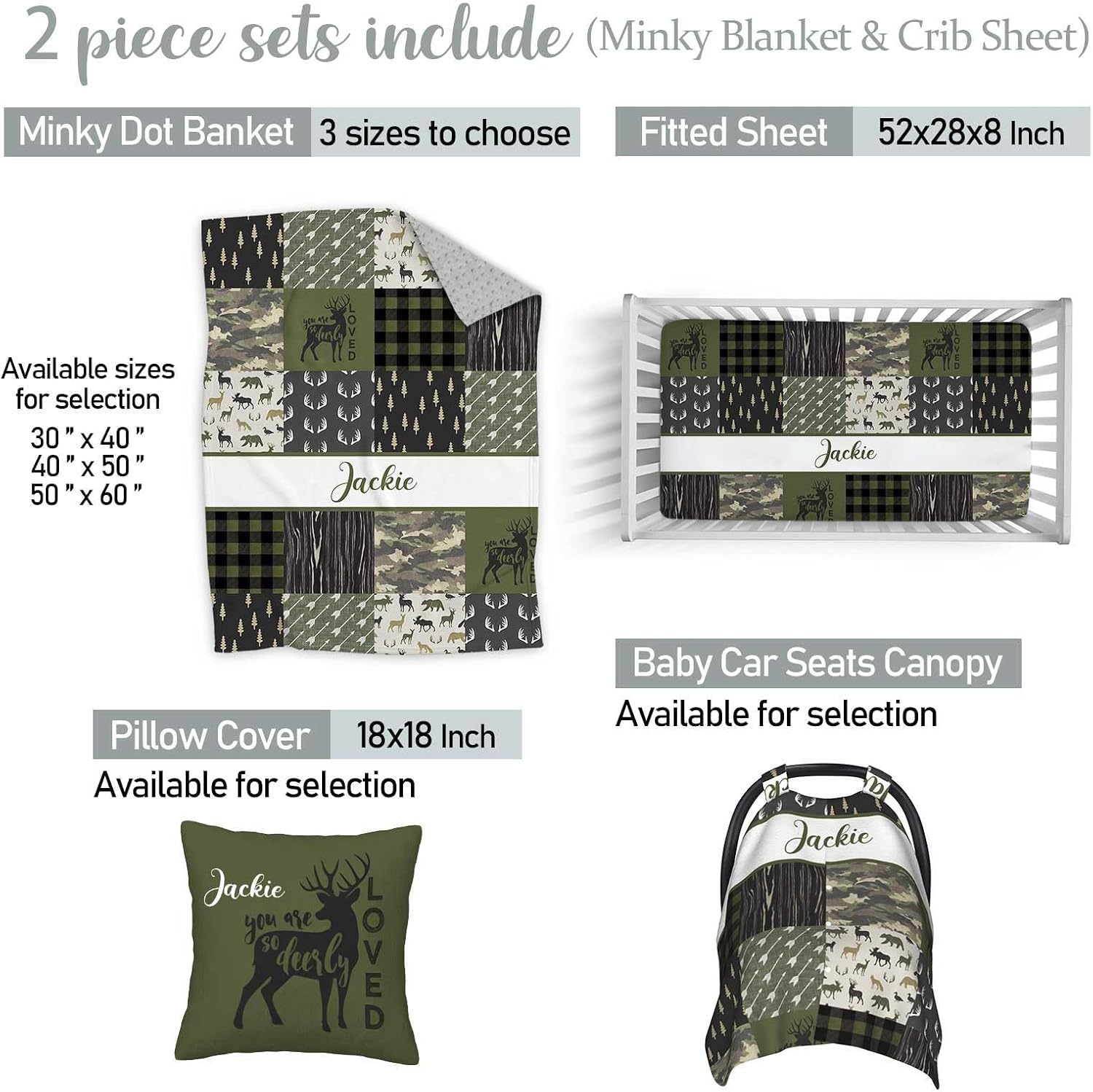 Personalized Woodland Deer Green Baby Bedding Set – Custom Name 2 Piece Set with Minky Dot Blanket & Fitted Crib Sheet – Soft Nursery Bedding for Newborns, Infants, Toddlers, Baby Boys