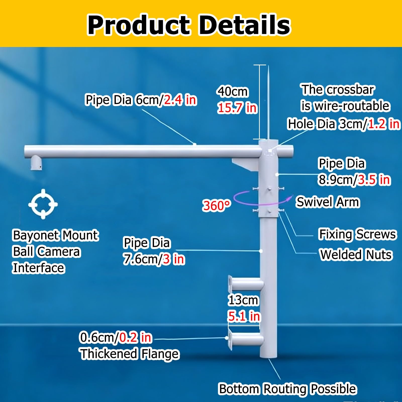 Genérico Soporte de Pared Ajustable de 360° para cámara de Seguridad - Poste Desmontable en Forma de L extralargo para CCTV para vigilancia Exterior - Soporte de monitoreo Blanco de 39,4/47,2/59,1 PU