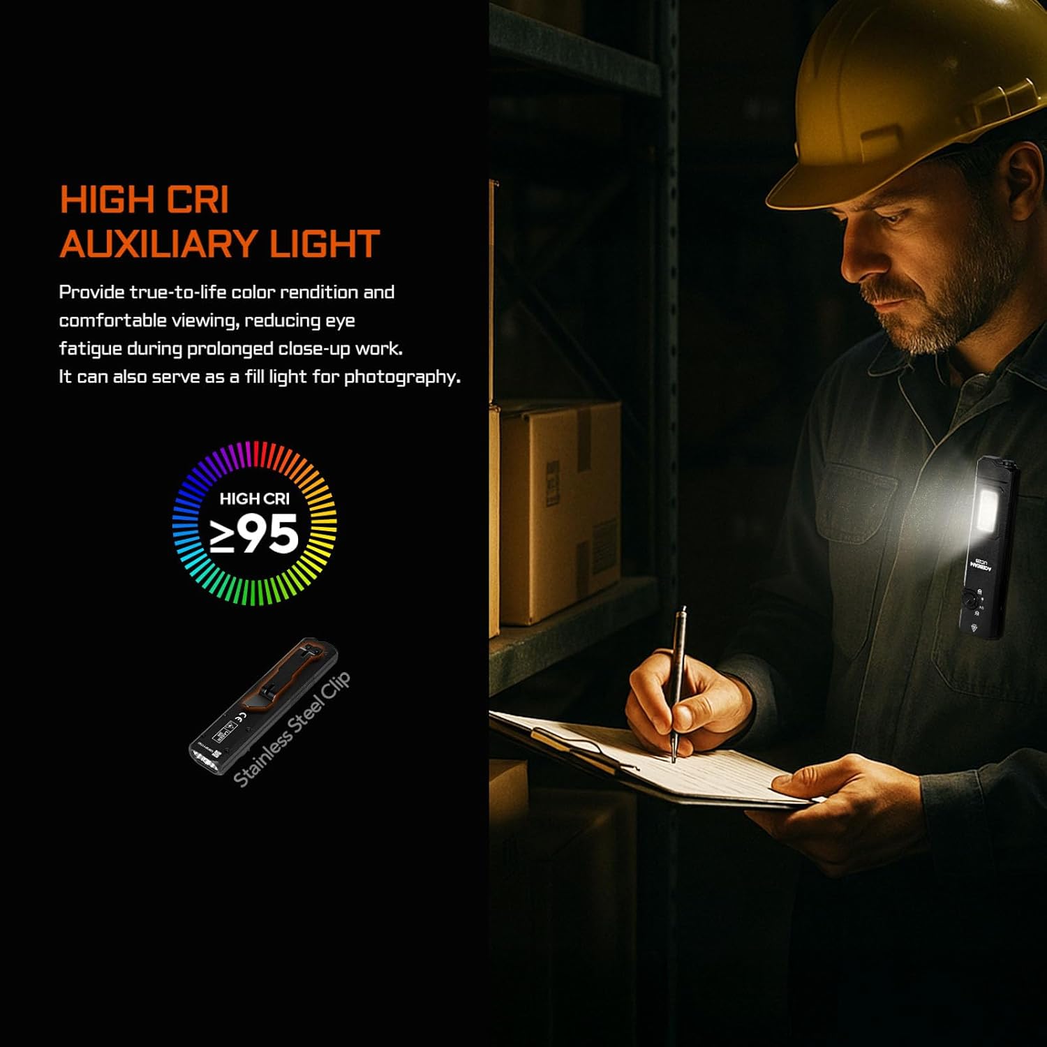 Worker using ACEBEAM UC25 flashlight's high CRI auxiliary light for close-up inspection in a warehouse.