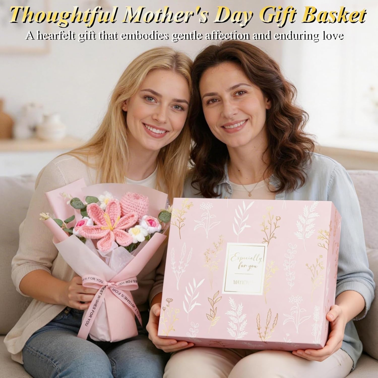 Mothers Day Birthday Gifts for Women Self Care Package Get Well Soon Gift Baskets, Thinking of You Sympathy Spa Gift Set w/ Crochet Flower Bouquet, Unique Gifts for Women Mom Sister Grandma Friends