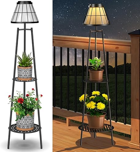 Paquete de 2 lámparas solares de pie de metal de 45.4 pulgadas, luces solares impermeables con 2 soportes para plantas, soporte de plantas para