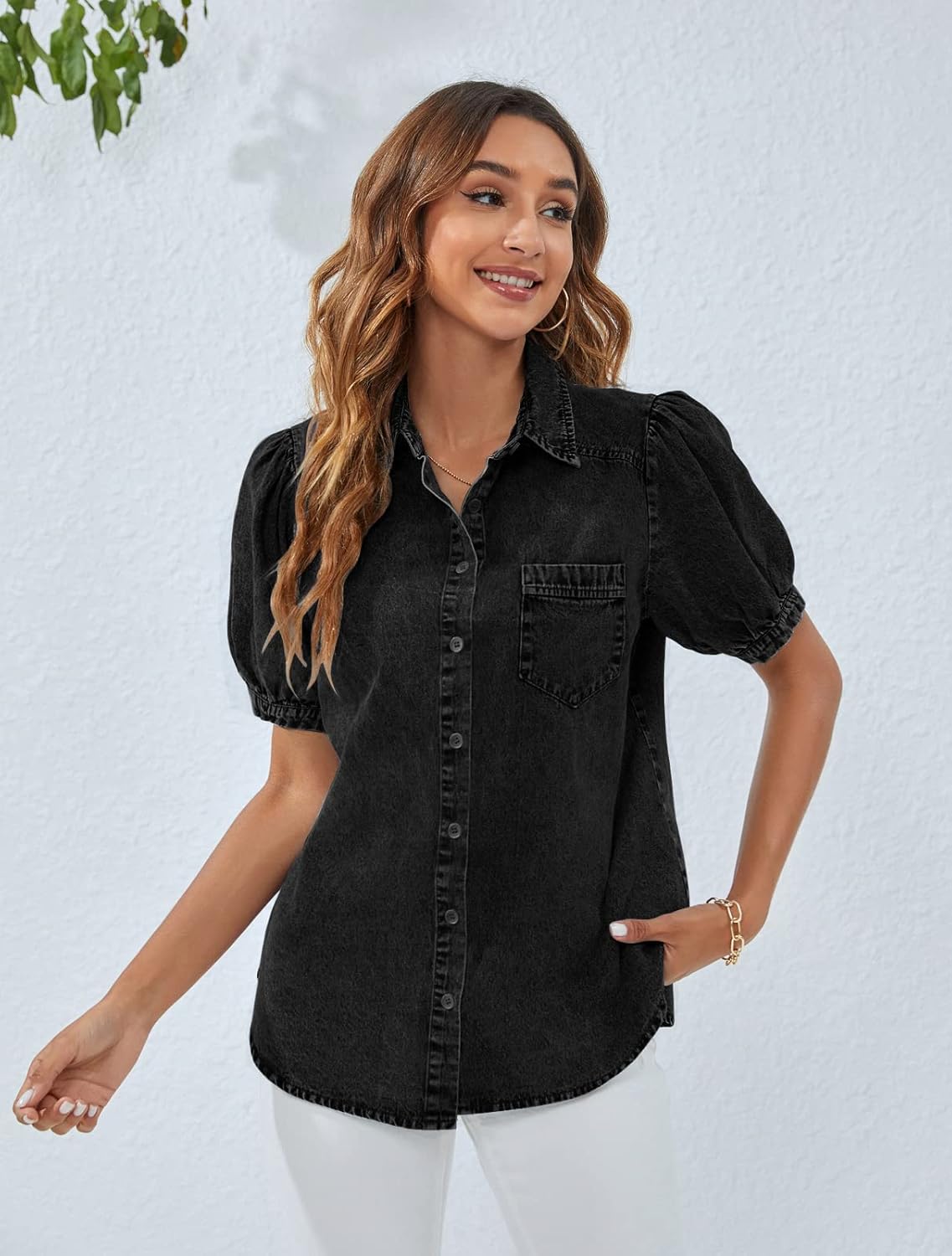 BMJL Womens Denim Shirt Business Casual Button Down Work Blouses Puff Sleeve Summer Tops - Image 4