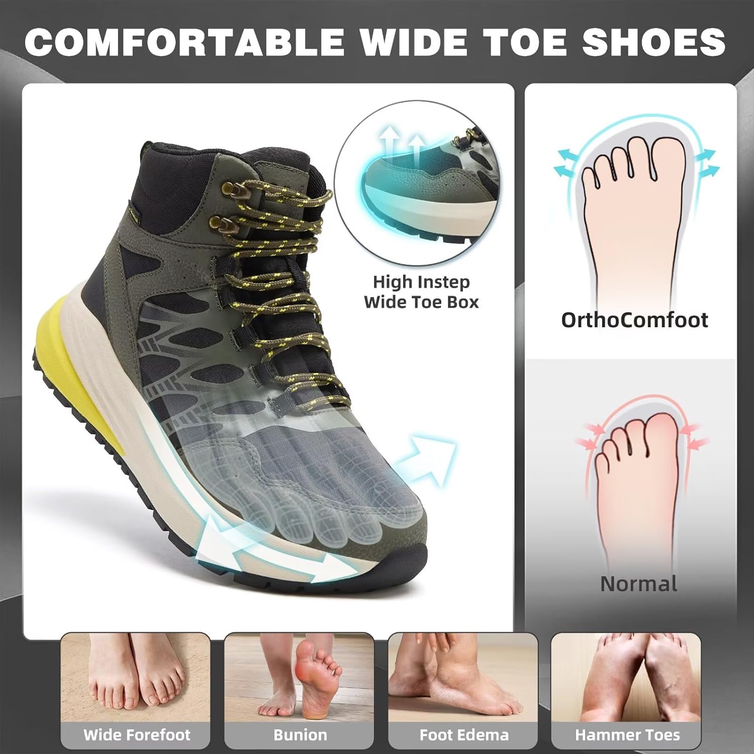 Men's Orthopedic Wide Waterproof Hiking Boots: Comfortable Plantar Fasciitis Work Walking Running Trekking Shoes, Orthotic Non Slip Flat Feet Mid Ankle Support Trail Sneakers for Foot Pain Relief - Image 4