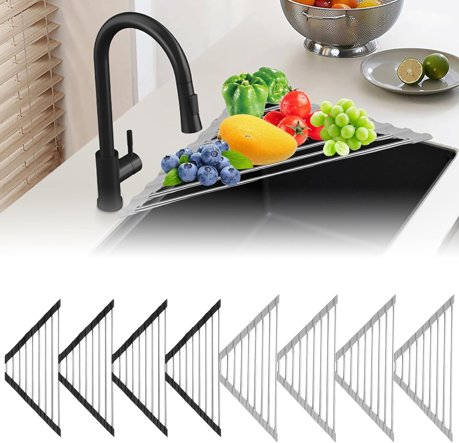 8Pcs Triangle Dish Drying Rack, Corner Stainless Steel Draining Rack, Foldable Over The Sink Corner Dish Drainer Mat, Space Saving Sink Corner Shelf for Kitchen Bathroom