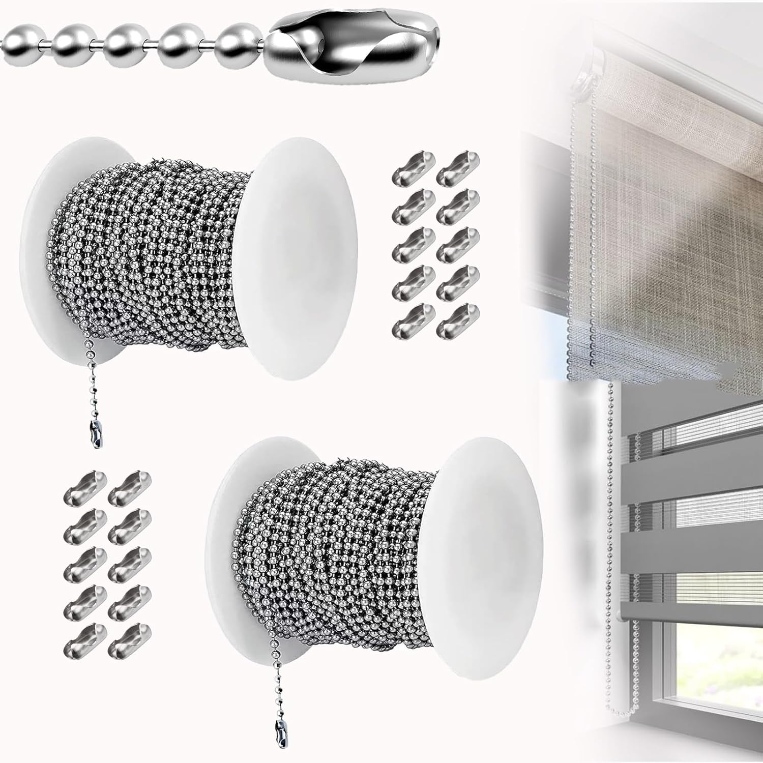 Beaded Ball Chain (2.4mm/4.5mm), 66 Feet Stainless Steel Ball Chain, with 20 connectors, for Blinds Shades(4.5mm)