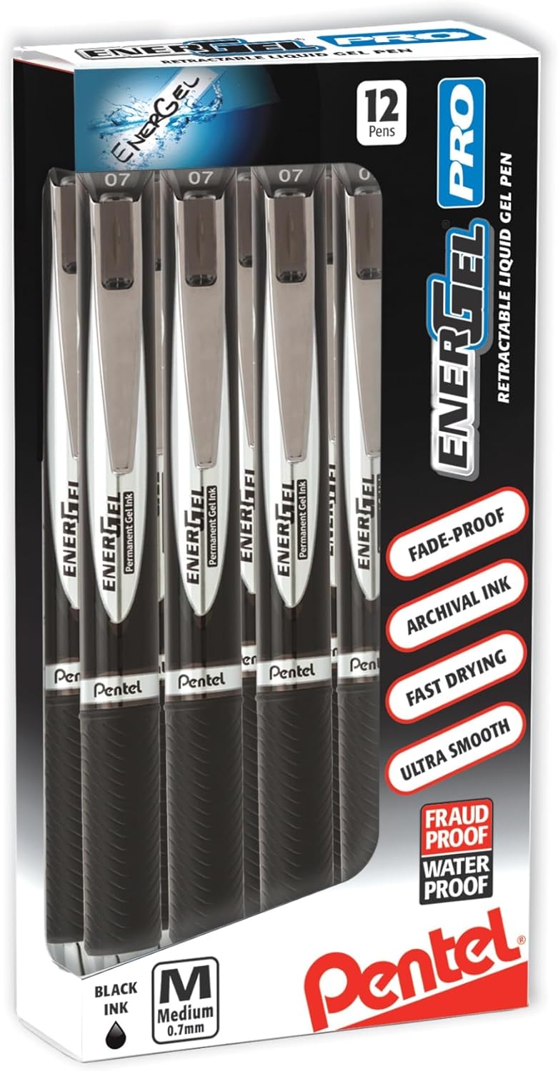Pentel® EnerGel Pro Rollerball Pens, Medium Point, 0.7 mm, Black Barrel, Black Ink, Pack of 12
