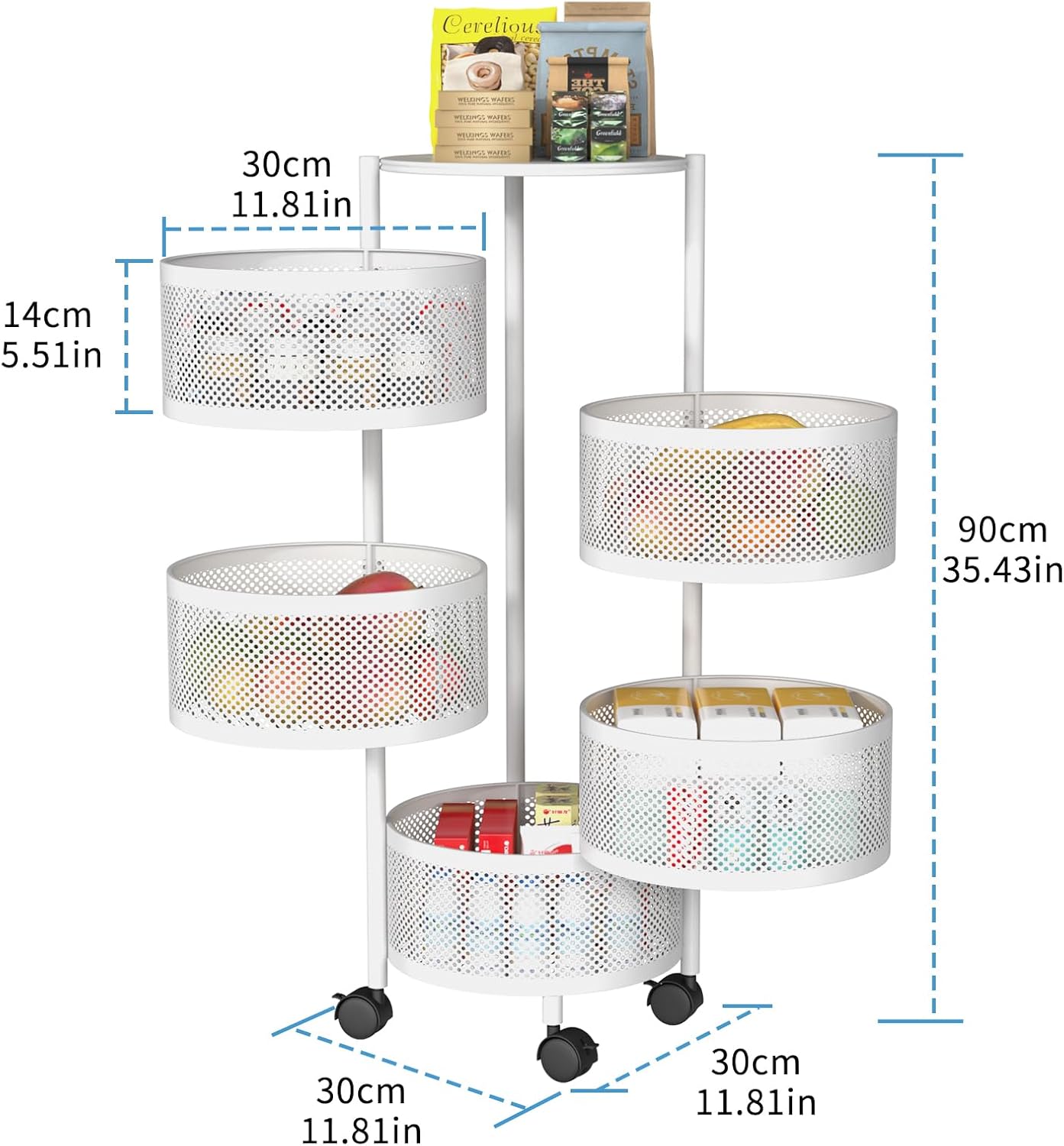 Rotating Storage Shelf with Wheels - Organizer for Fruits and Vegetables, Bathroom Shelf, Kitchen Organization and Storage, Mobile Utility Cart for Living Room - Ideal for Home (5 Tier, White)