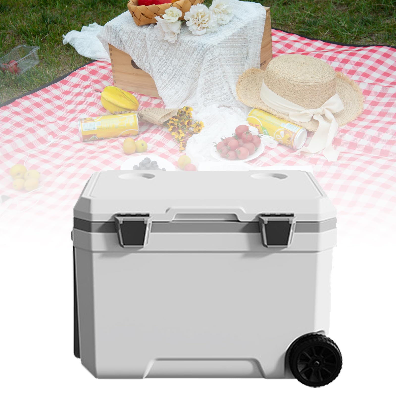Raffreddatore portatile isolato con ruote, per campeggio e attività all'aperto, non richiede elettricità per refrigerazione e conservazione