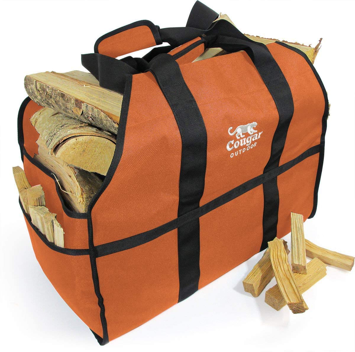 Cougar Outdoor Firewood Carrier Log Carrier (Orange Wood) – Waterproof, Heavy Duty, Extra Large Capacity Canvas Wood Carrying Bag for Firewood, Camping, Wood Fire Stove and Fireplace Gift for Him Idea