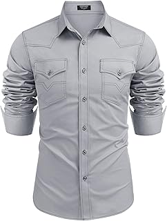 Men's Western Cowboy Shirts Long Sleeve Cotton Casual Button Down Work Shirt with Pockets