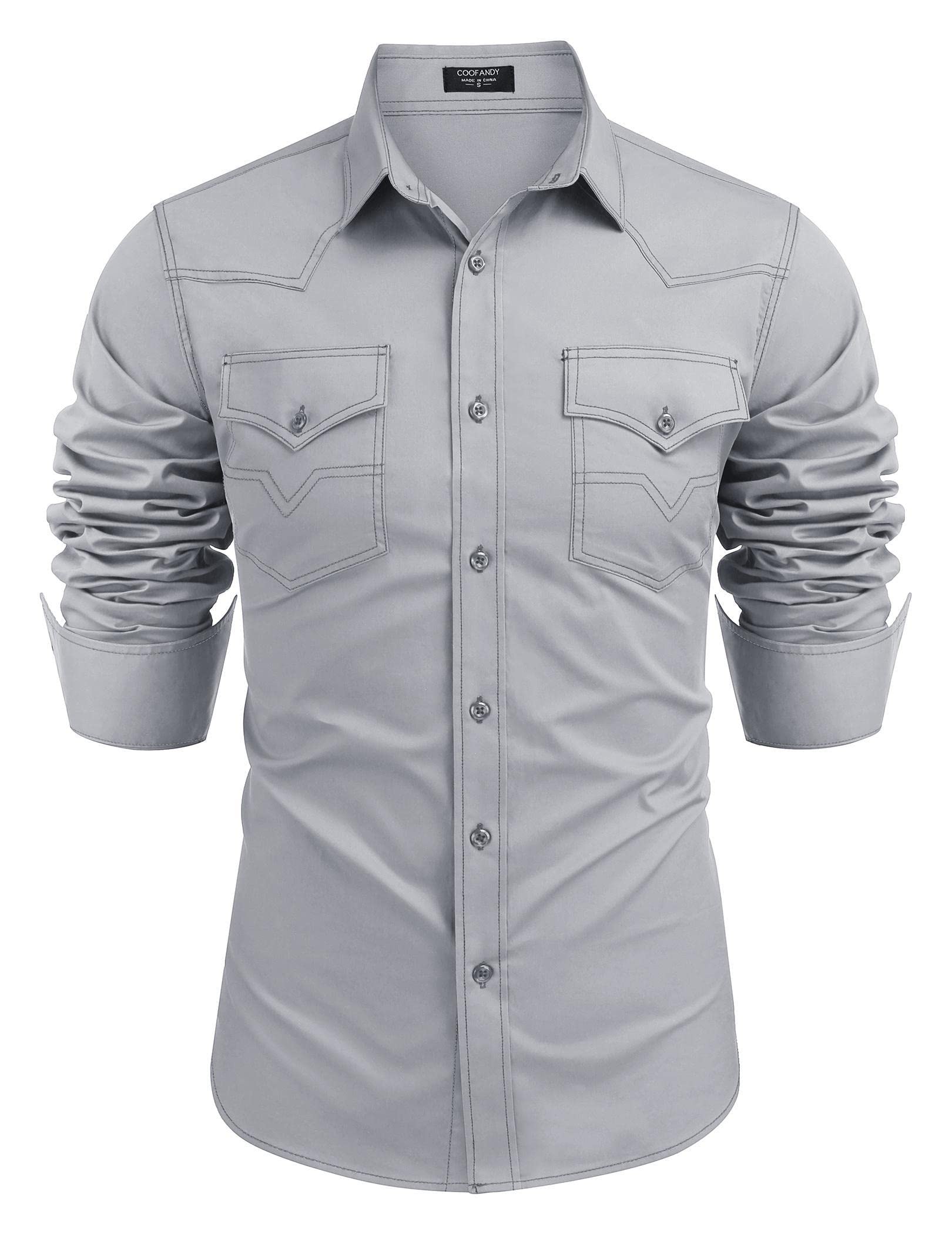 Coofandy Men's Western Cowboy Shirts Long Sleeve Cotton Casual Button Down Work Shirt with Pockets, Light Grey, Medium