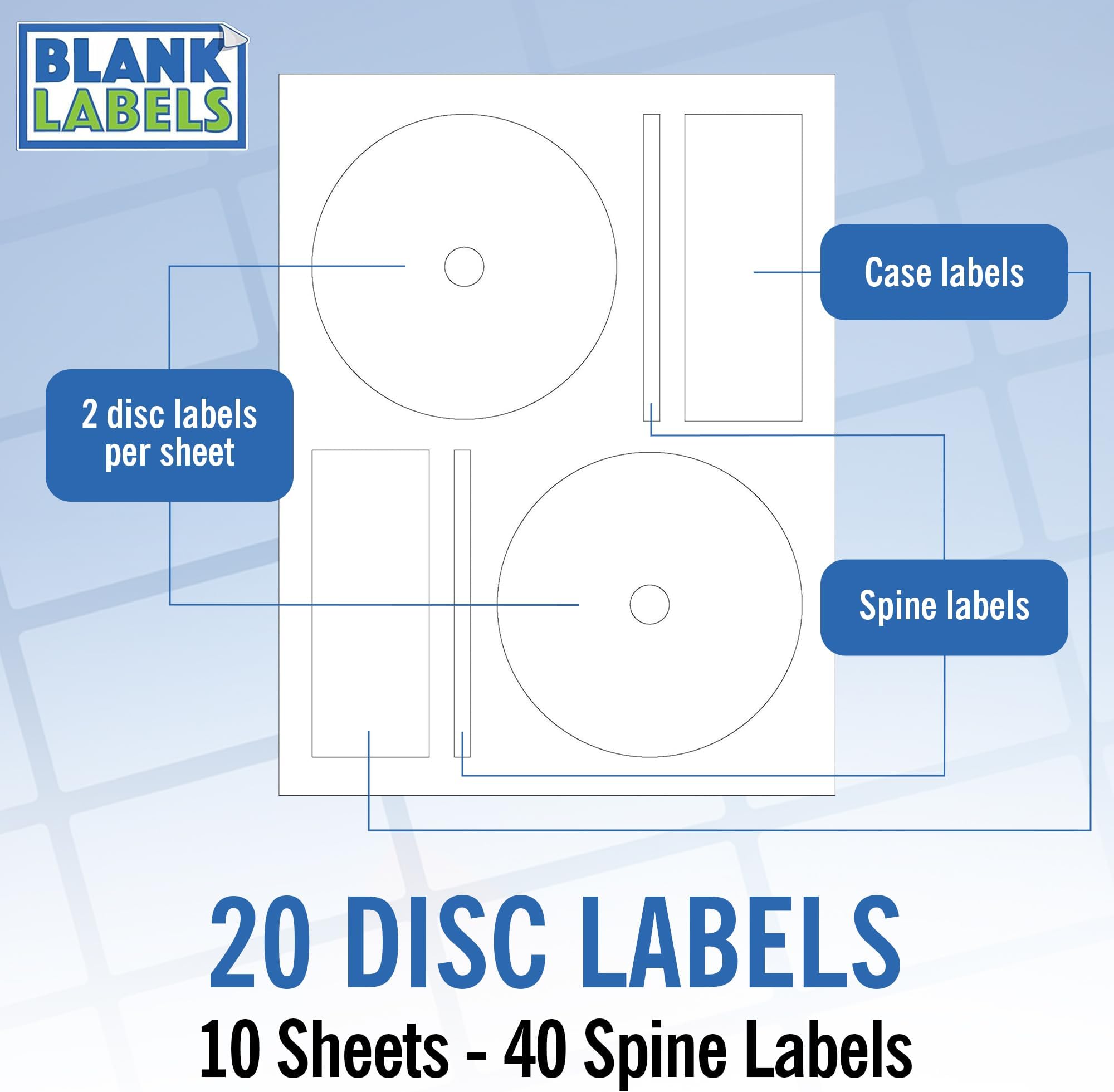 CD/DVD Label Full Face | Qty 20 Disc, 40 Spine | 10 Sheets Total | Permanent White Matte | Inkjet & Laser Compatible | Fits Standard Discs | Blank Label