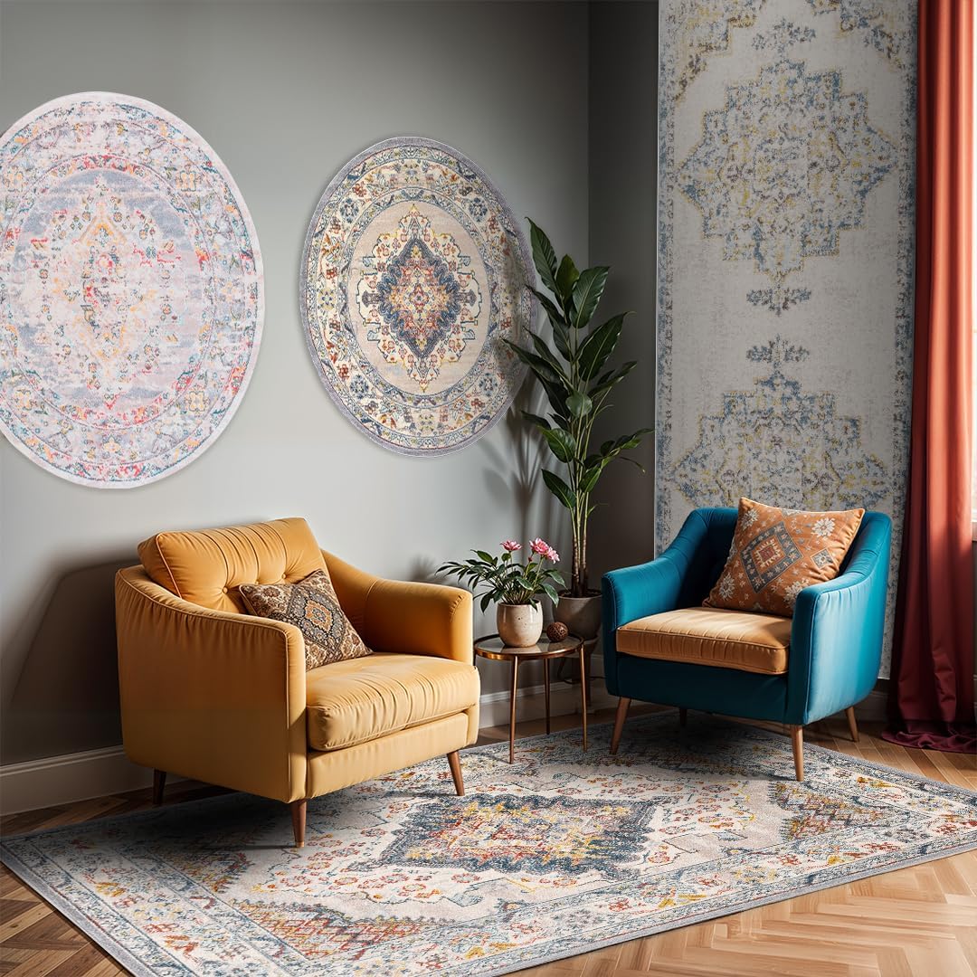 Livabliss Palma Tappeto Vintage Tappeto Per Soggiorno, Corridoio, Cucina Tappeti Orientale, Classico, leggera Manutenzione Pelo Corto, Ampio 80x220 cm, Grigio Talpa, Blu e Grigio