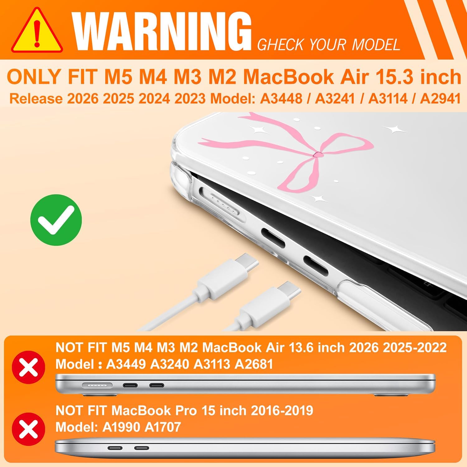 Compatible with MacBook Air 15 inch M5 2026 2025-2023 Release M4 M3 M2 A3448 A3241 A3114 A2941, Plastic Hard Shell Case & Keyboard Cover & Screen Protector, Pink Bow P552