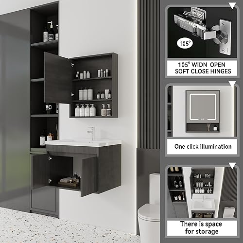 Miniatura 24 de Tocador de baño de 20 pulgadas con lavabo de cerámica, tocador de baño pequeño montado en la pared con puerta de cierre suave, gabinete flotante