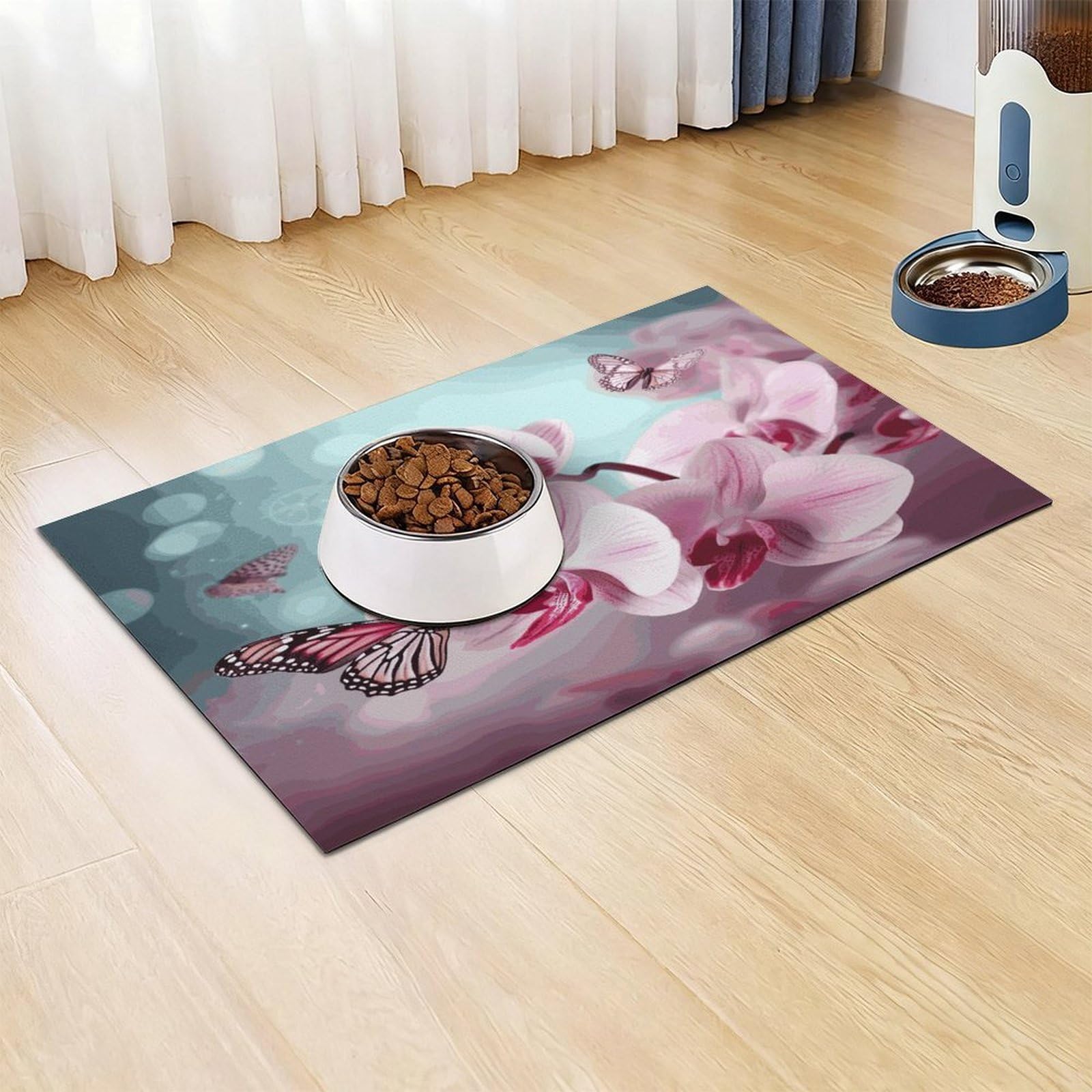 Tapis de nourriture pour chat avec fleur d'orchidée, papillon - Tapis d'alimentation antidérapant - Facile à nettoyer pour la nourriture et l'eau - 43,2 x 76,2 cm