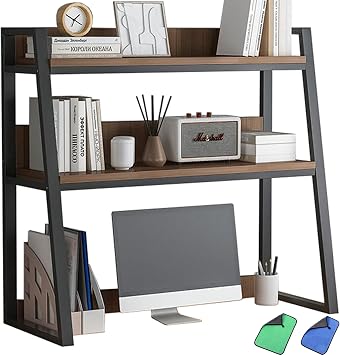 Ladder Desktop Shelf, Desk Hutch 3-Tier for Computer Desk, Desktop Display Rack, Multipurpose Vintage Metal and Wood Desktop Bookshelf Storage Organizer for Dorm Office Home,Black b,22x13x35"