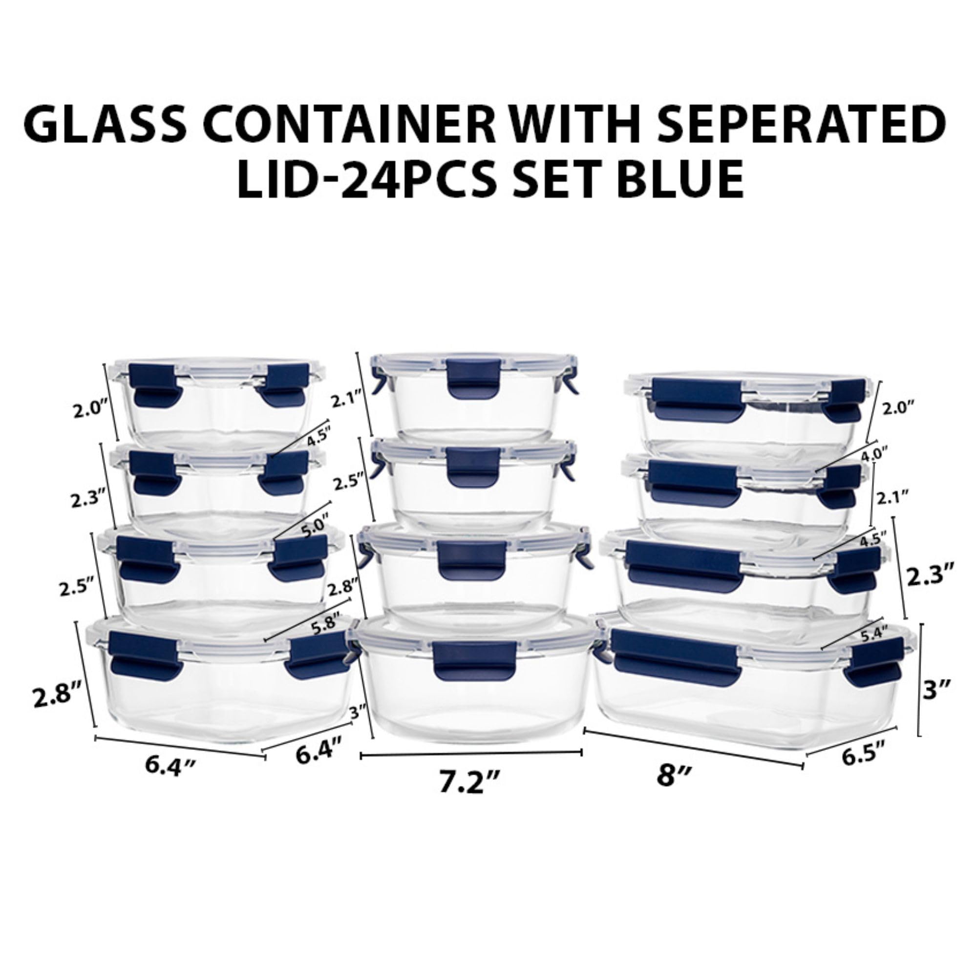 Set di 12 contenitori per alimenti in vetro con coperchi ermetici, con coperchi senza BPA, adatti a microonde, forno, congelatore e lavastoviglie, blu