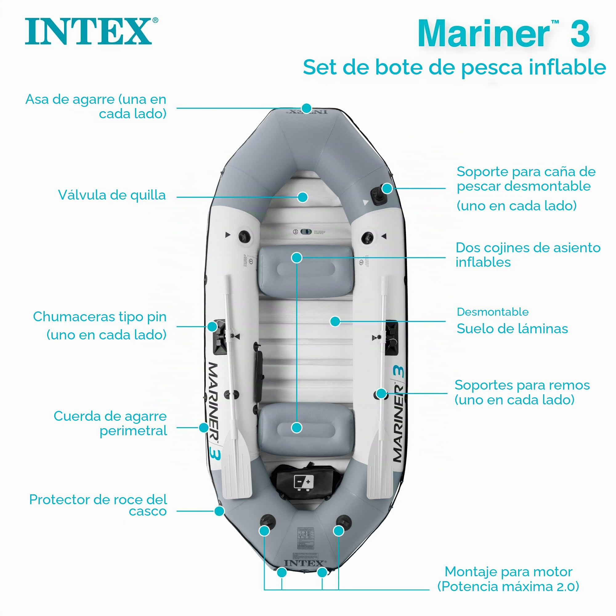 Intex Mariner - Juego de Barco Inflable para 3 Personas con remos de Aluminio y Bomba de Aire de Alta Salida (último Modelo)