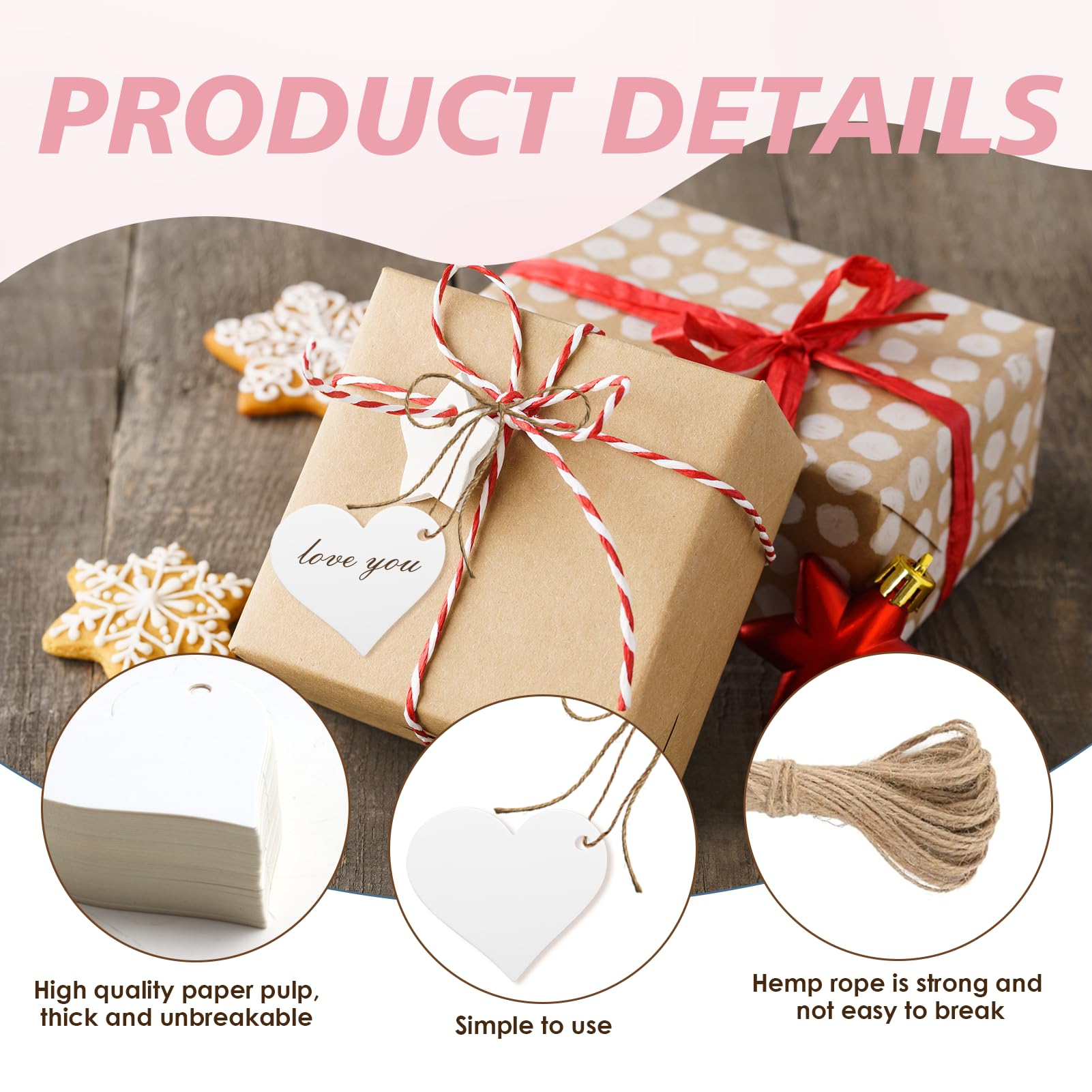 Bigliettini Bomboniere,50pcs Etichetta in Carta Kraft a Forma di Cuore e Spago da 10 M per l'Uso Come Souvenir di Nozze, Confezionamento di Regali, Realizzazione di Oggetti Artigianali ecc. (B:Bianco)