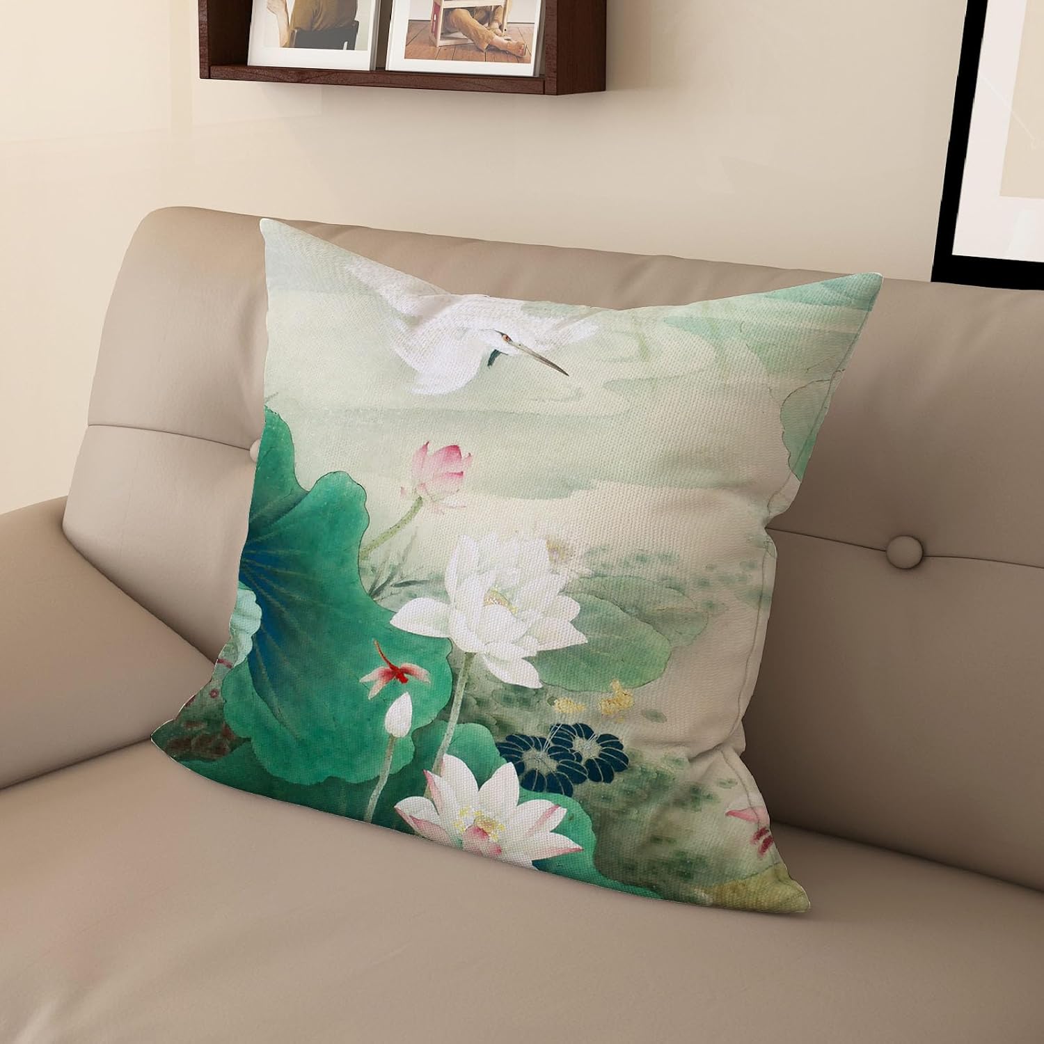 Chinese Zen Lotus Digital Printed Pillow Cover Double-Sided Design for Sofa, Living Room, Bedroom Decoration(24 * 24inch,HH2L-B)