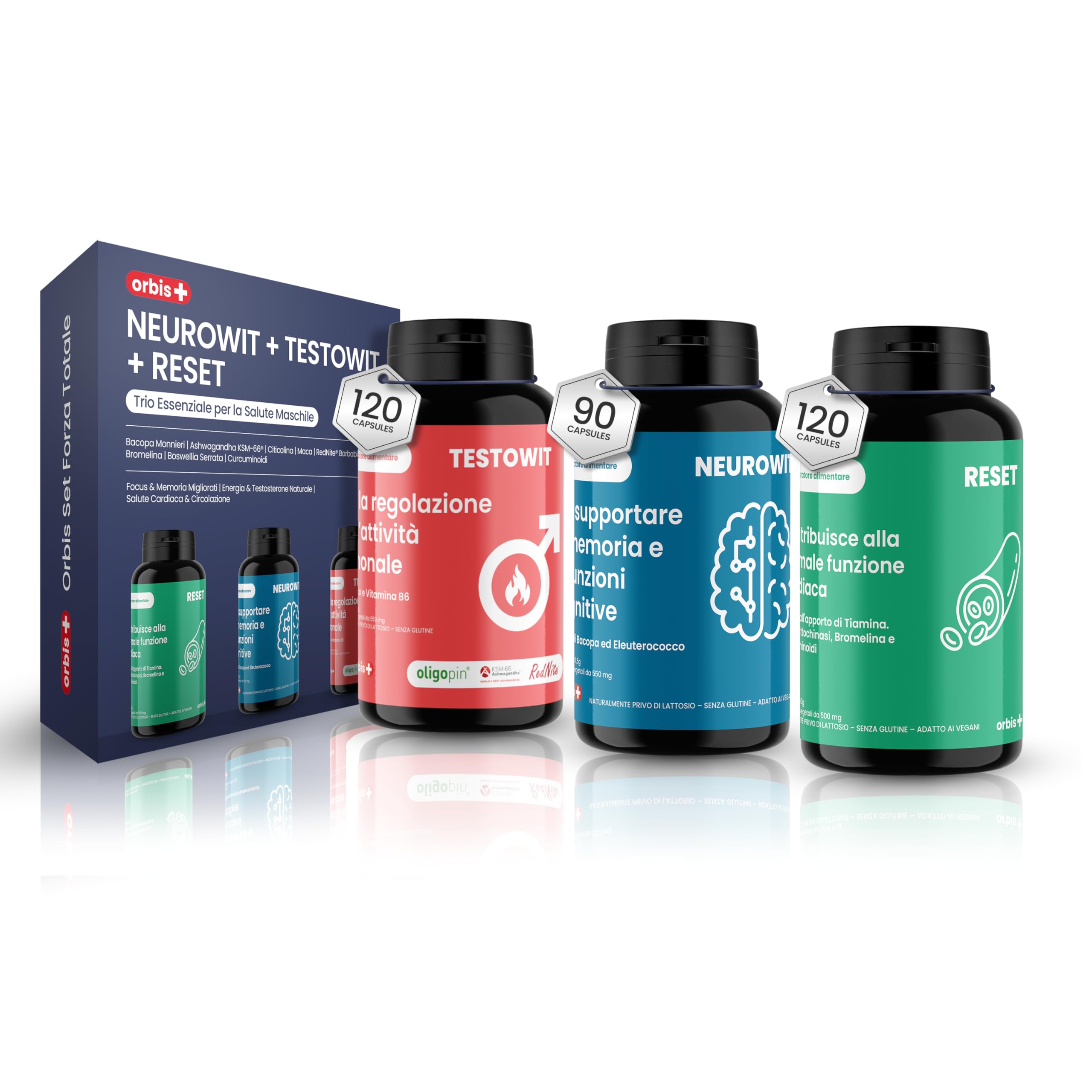 ORBIS NEUROWIT + TESTOWIT + RESET | Set Forza Totale Uomo | Supporto Cognitivo, Ormonale e Cardiaco Naturale | Con Bacopa, Ashwagandha, Curcuminoidi, Muira Puama e RedNite® | 330 Capsule