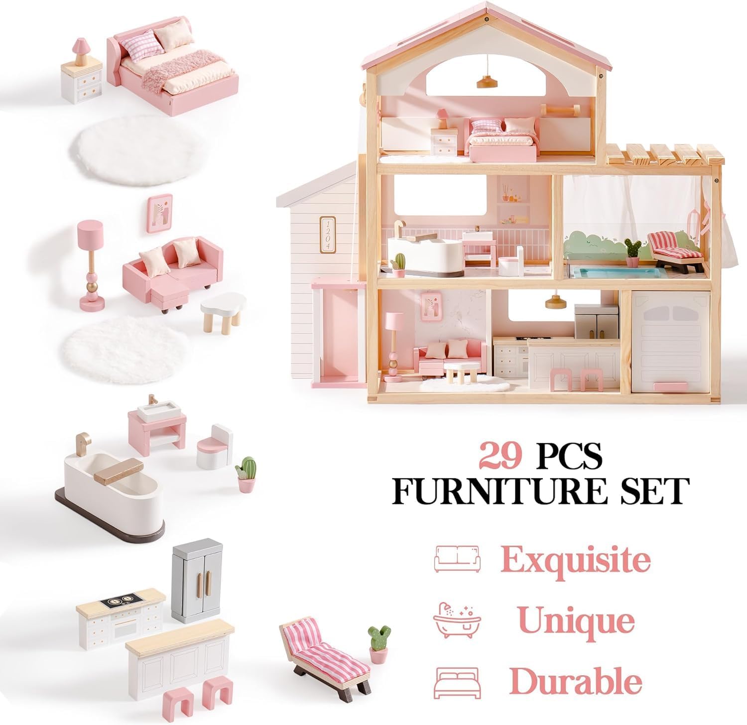 Wooden Dollhouse, A Dollhouse with 29 Pieces of Furniture, 6 Rooms, Suitable for Girls Over 3 Years Old (Pink)(Pink)