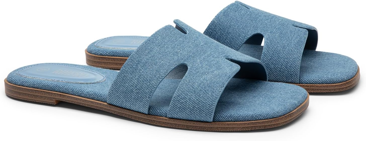  Flat Sandals Women Dressy Comfortable Slip On Leather Slide Sandals | PU / Raffia Clear Knit Upper, Square Toe, Cushioned Footbed, Casual Slides, Vacation, Travel, Work, Everyday Summer Sandals thumbnail