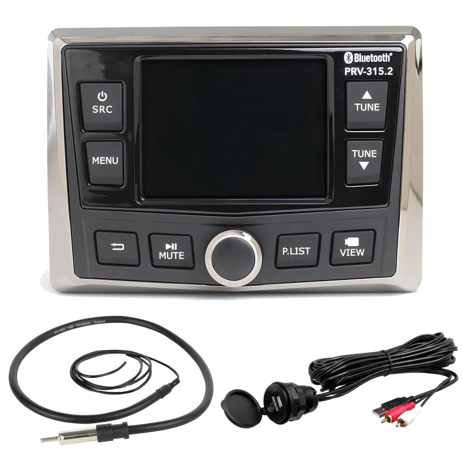 Infinity PRV-315.2 Marine Gauge Hole Mount USB Bluetooth AM/FM/WB Radio Receiver, Bundle Combo + Enrock AUX/USB to RCA Cable + 22" Wired Radio Reception Antenna,