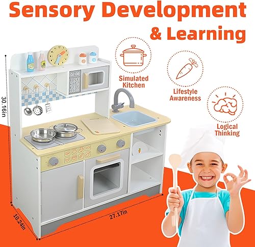 Miniatura 6 de Adena Montessori Juego de cocina de madera para niños con estufa de cocina, microondas, horno, fregadero, almacenamiento de juguetes interesantes