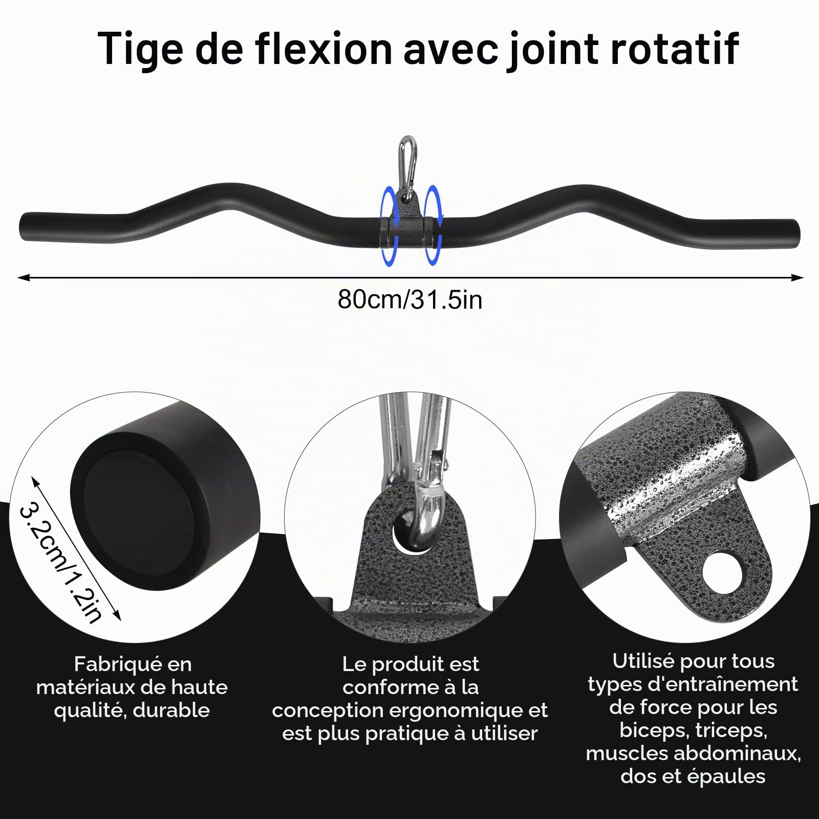 Barre de Tirage Triceps et Biceps, Barre Lat Pulldown 80 cm Noire, Lat Pulldown Bar pour Maison, la Salle de Sport, le Crossfit, la Musculation